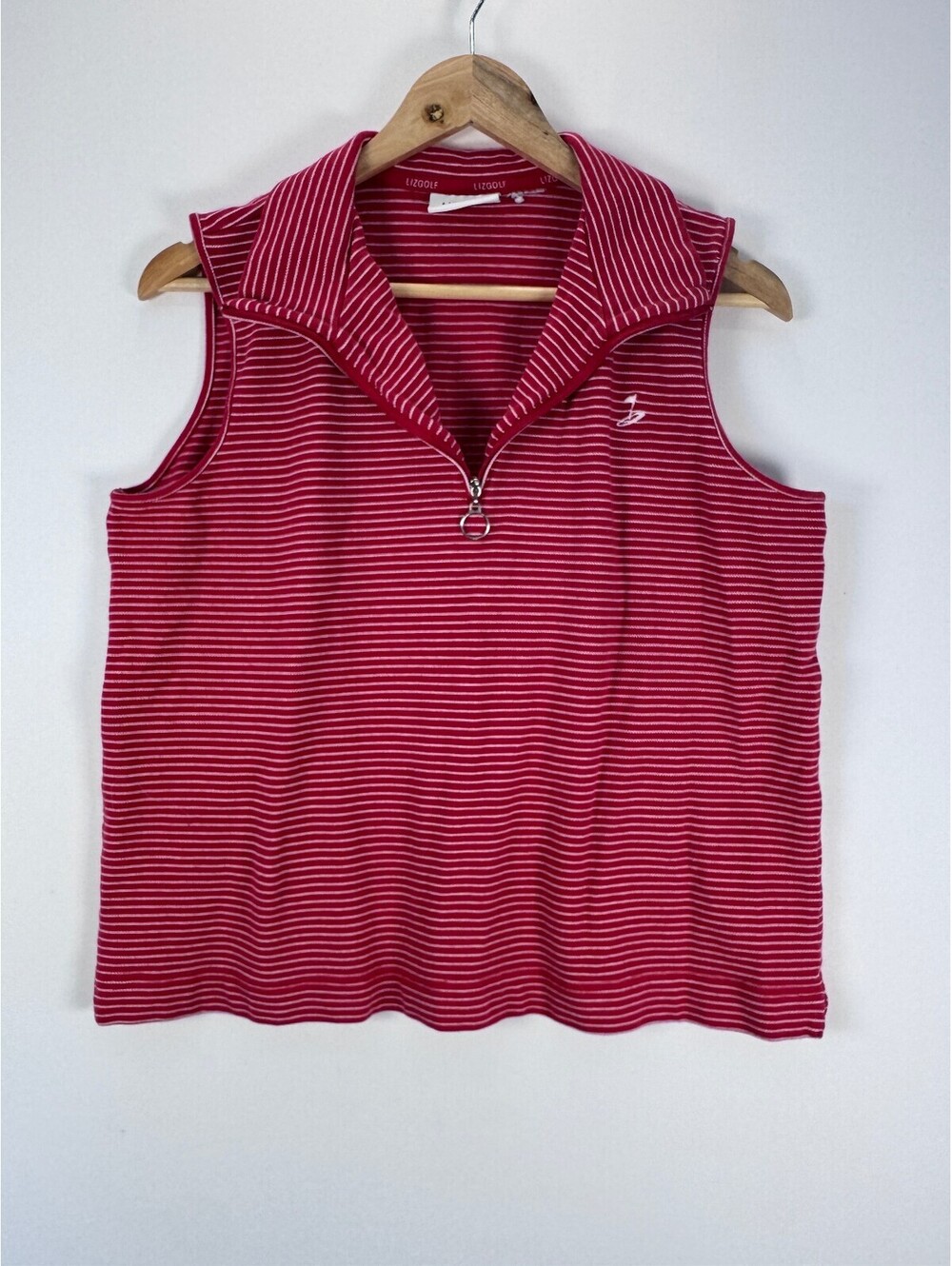Lizgolf Liz Claiborne Polo Shirt Womens Large Red Striped Zip Sleeveless